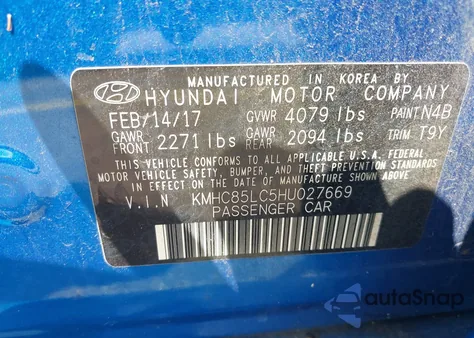 2017 Hyundai Ioniq Hybrid Limited z USA, uszkodzony, nr VIN KMHC85LC5HU027669